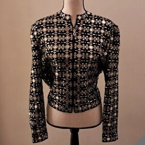 St.John Evening by Marie Gray Jacket Size 12 Sequin Metallic Knit Zip Black Gold